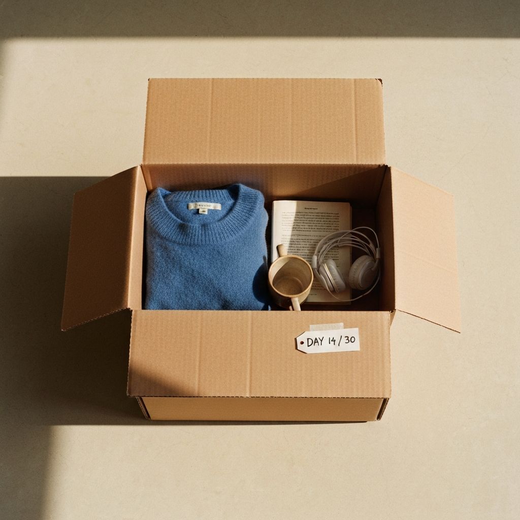 A cardboard probation box with a few items inside and a small handwritten day-14 of 30 tag